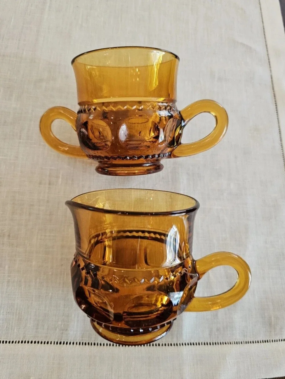 Vintage Indiana Glass Amber King's Crown Creamer & Sugar Set